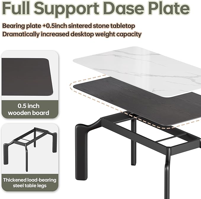 59'' Modern Dining Table, Sintered Stone Kitchen Table, Rectangular Slate Patio Table with Metal Legs, Indoor-Outdoor, Backyard, Scratch and Heat Resistant