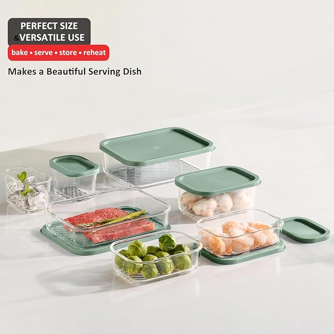 EATEX 14 Pack Glass Meal Prep Containers with Grooved Base, 14 Stackable BPA Free Glass Storage Containers with Lids for Lunch, Pantry, and Kitchen - Microwave, Dishwasher Freezer & Oven Safe - Sage