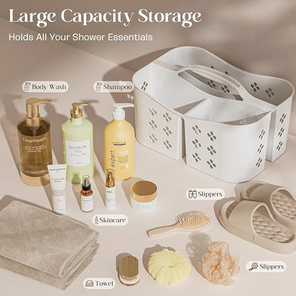 Portable Shower Caddy with Handle, Large Capacity Shower Basket Organizer, Quick-Drain Bathroom Storage Tote, Durable Plastic Shower Organizer for College Dorm, Beach, Gym, Travel Essentials, White