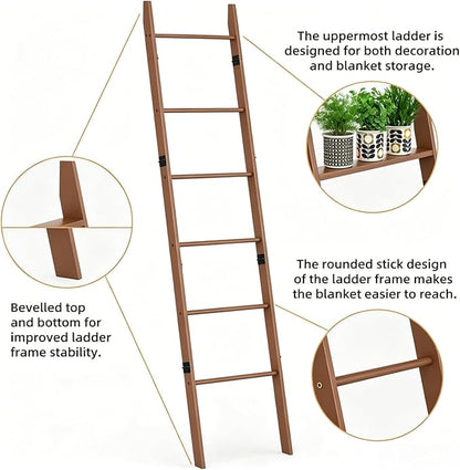 BAMBANG 6-Tier Blanket Ladder for Living Room, Blanket Quilt Ladder Rack Rustic Decorative Towel Holder, Wall Leaning Blanket Ladder Shelf Storage Farmhouse Decor for Bedroom Bathroom, Tea Brown