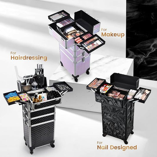 Stagiant Rolling Makeup Case Cosmetology Case on Wheels 4 in 1 Large Cosmetic Organizer Train Case Makeup Travel Case with Key Swivel Wheels Nail Artist Salon Storage Traveling Cart Trunk Black