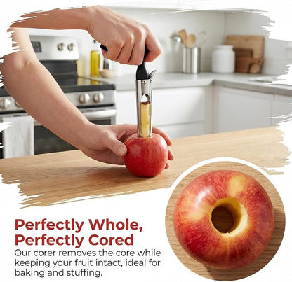 Apple Corer Tool, Stainless Steel Apple Core Remover with Easy Push Core Release, Serrated Coring Head, Non-Slip Handle, Dishwasher Safe for Apples, Pears and Bell Peppers