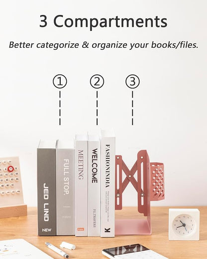 Kingsmile Book Ends, Adjustable Bookends for Shelves, Metal Bookends for Heavy Books, Book Stopper Organzier with Pen Holder for Desk, Kids Room, Office, Classroom, Library, Study Room.(Pink)