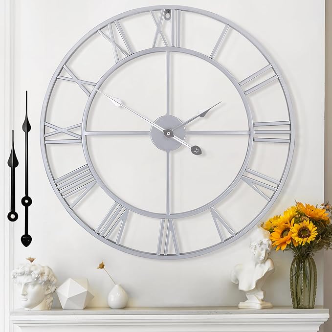 Large Wall Clock - 40cm/ 16 Inches Silent Non-Ticking Metal Wall Clock, Vintage Modern Silver, Battery Operated, Ideal for Living Room, Bedroom, Office, Farmhouse Decor