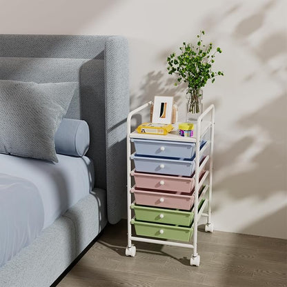 6-Tier Utility Cart with 6 Drawers, Rolling Utility Cart with 2 Lockable Caster Wheels, Multipurpose Mobile Rolling Drawer Cart for Office Bathroom Kitchen, Colorful