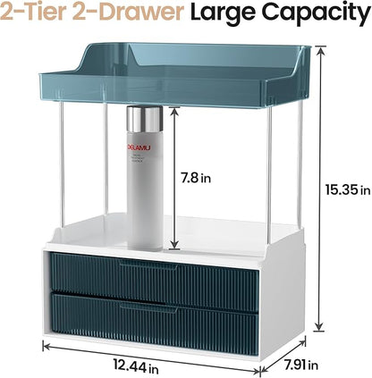 Delamu Bathroom Organizers and Storage, 2 Tier 2 Drawer Makeup Organizer Countertop, Easy to Install, Ideal for Bathroom Counter, Vanity, Ideal for Women Girls, Blue