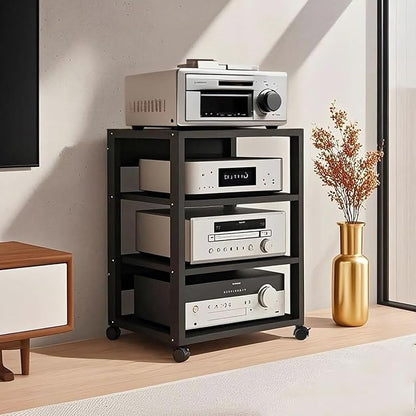 4 Tier AV Media Stand, Audio Rack Tower Stereo Components Cabinet, Home Theatre CD Record Player Stereo Receiver Equipment Rack with Adjustable Wood Shelves, Load 220lbs (Black)
