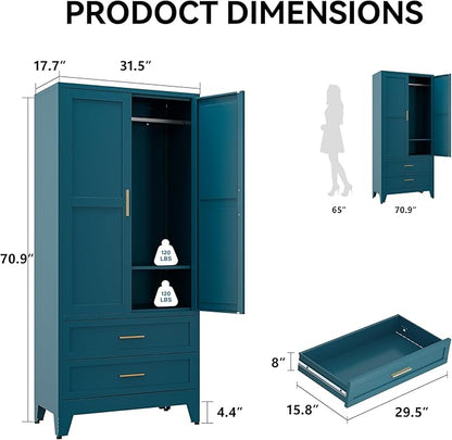 COFaR Armoire Wardrobe Closet with 2 Drawers, 71" Metal Storage Cabinet with Hanging Rod, Freestanding 2-Door Closet with Adjustable Shelf (Peacock Blue)