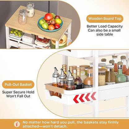 SUNALLY Slim Storage Cart with Pull-Out Baskets, 5-Tier Rolling Kitchen Cart with Wooden Top & Lockable Wheels, Narrow Space Utility Cart Organizer for Kitchen, Bathroom, Laundry Room, White