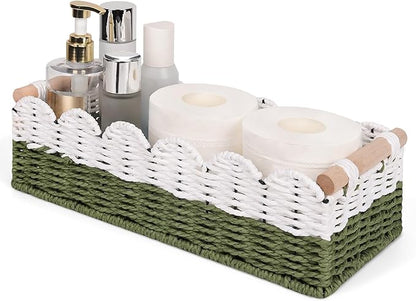 Scalloped Edge Toilet Paper Storage Basket for Bathroom Decor,Handwoven Small Paper Rope Tank Basket for Over Toilet Storage Shelf, End Table,Shelves and More, with 2 Wooden Handle