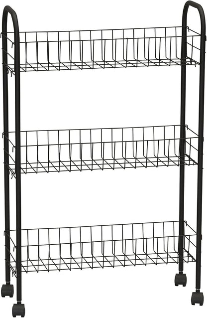 Household Essentials Matte Black Slim, 3 Shelf Storage Cart with Wheels