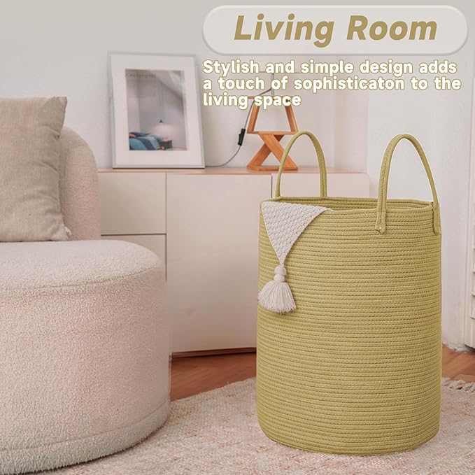 JMvicyroam Large Woven Laundry Basket Hamper,60L Cotton Rope Storage Bin for Blankets,Toys and Clothes,Decorative Tall Nursery Hamper for Living Room,Baby Nursery,Bathroom and Bedroom,Jute