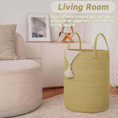 JMvicyroam Large Woven Laundry Basket Hamper,60L Cotton Rope Storage Bin for Blankets,Toys and Clothes,Decorative Tall Nursery Hamper for Living Room,Baby Nursery,Bathroom and Bedroom,Jute