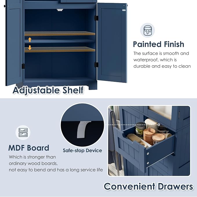 BOTLOG 67'' Tall Bathroom Storage Cabinet, Linen Cabinet with Glass Doors and Adjustable Shelves, Kitchen Pantry with 2 Drawers for Bathroom, Living Room, Dining Room, Blue