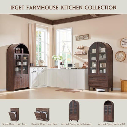 IFGET 71" Tall Arched Kitchen Pantry Cabinet, Wood Kitchens Storage Cabinets with 2 Large Drawers and Adjustable Shelves, Modern Farmhouse Versatile Cupboard for Kitchen, Dining Room, Bathroom, Brown