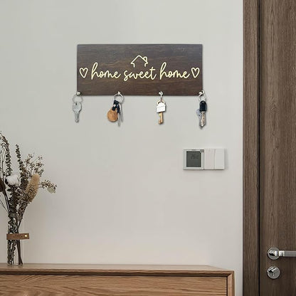 Sweet Home Wooden Key Holder for Wall - 5"x10" Key Organizer Hanger with 4 Hooks for Front Door Hallway Entryway Kitchen - Home Office Decor & Housewarming Gifts Supplies - A06