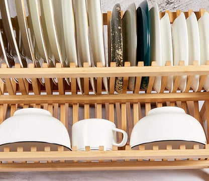 NOVAYEAH Bamboo Dish Drying Rack with Utensil Holder, Collapsible Wooden Dish Drainer Rack, 3-Tier Large Folding Drying Holder for Kitchen Counter 51 pcs Grid