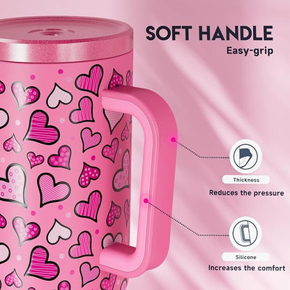 Meoky 40 oz Tumbler with Handle and Straw: Stainless Steel Insulated Tumbler with Lid and Straw - 100% Leak Proof Tumbler for Car Cup Holders - Travelers Commuters Workers, Blush Heart
