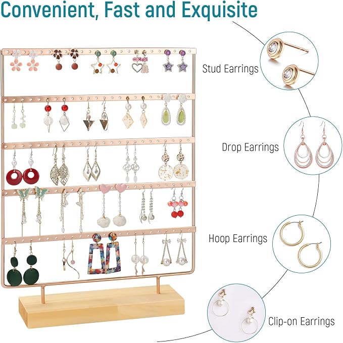 Earring Holder Organizer, 5-Tier Earring Organizer with 60-Pair Capacity, Wooden Base Metal Earring Display, Jewelry Storage & Display for Home Store, Suitable for Women