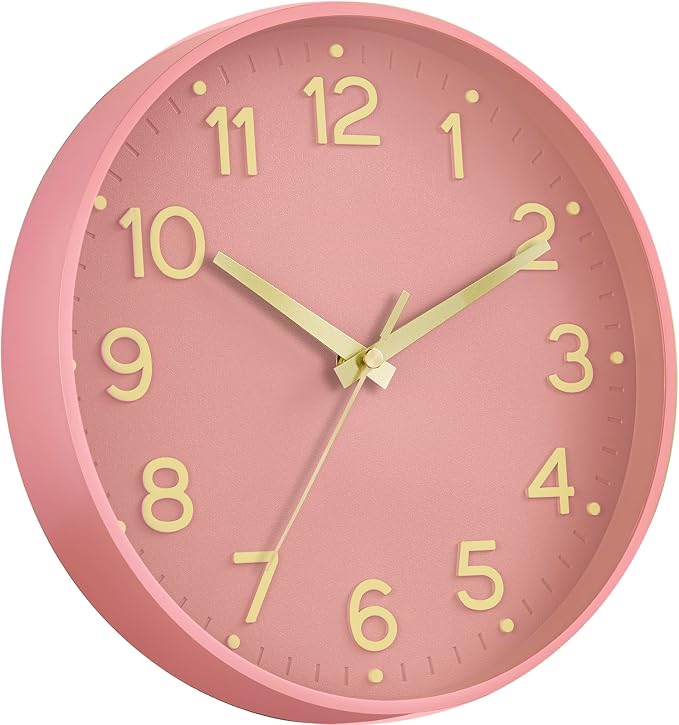 Roymnie Silent Wall Clocks Battery Operated 10 Inch-Modern Non Ticking Analog Clock Decorative for Kitchen Office Bathroom Bedroom(Pink Gold)