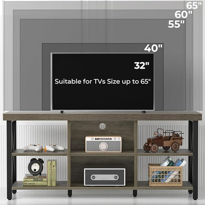 GreenForest TV Stand for TV up to 65 inches, Entertainment Center with 6 Storage Cabinet for Living Room, 55 inch Farmhouse Television Stands Console Table, Industrial TV Stands for Living Room, Gray