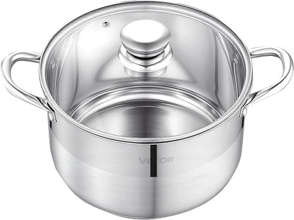 VEVOR Stainless Steel Stock Pot, 8QT Stainless Steel Stockpot with Glass Lid, PFOA-Free, PFAS-Free, Compatible with Gas Stoves, Induction Cooktops, Electric Stoves, for Soups, Stews, and Pasta