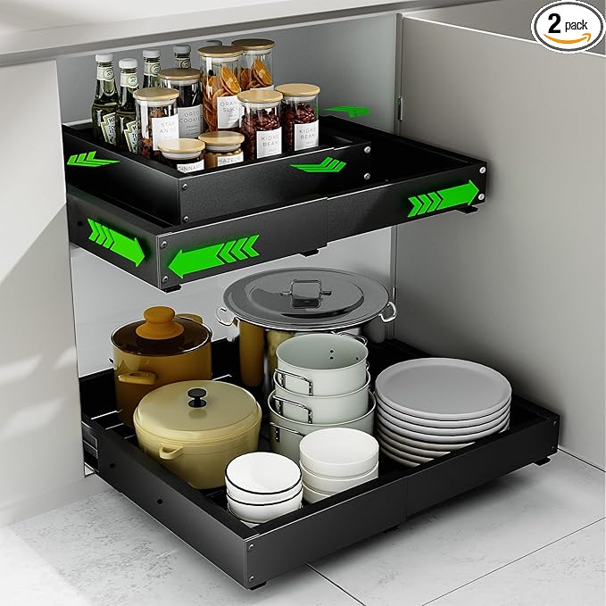 2 Pack Expandable Pull Out Cabinet Organizer, Width (12"-19" ) & Depth (16.5"-22")No Drill Adjustable Cabinet Pull Out Shelves for Kitchen,Pantry, Adhesive Roll Out Shelves for Kitchen Cabinets-Black