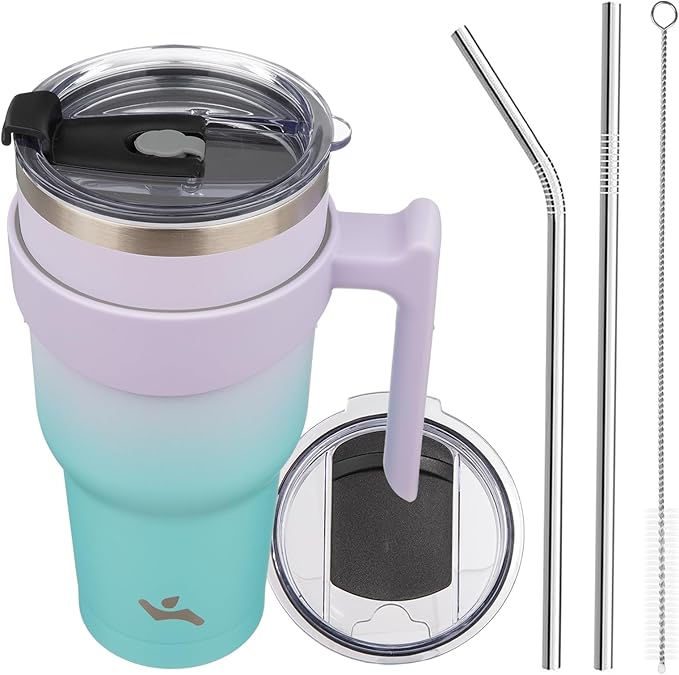 40 oz Tumbler with Handle and 2 Straw 2 Lid, Insulated Water Bottle Stainless Steel Vacuum Cup Reusable Travel Mug, Lavender Green
