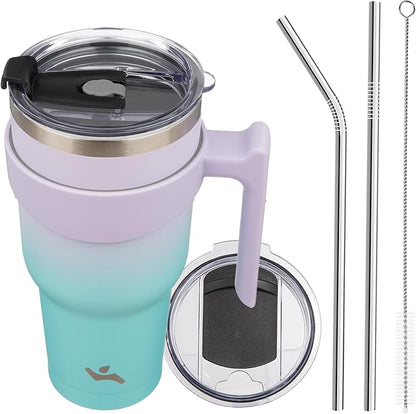 40 oz Tumbler with Handle and 2 Straw 2 Lid, Insulated Water Bottle Stainless Steel Vacuum Cup Reusable Travel Mug, Lavender Green