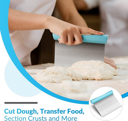 Upgraded 304 Stainless Steel Multi-Purpose Bench Scraper with Measurement Marks, Dishwasher Safe, Dough Cutter for Pizza, Bread and Cookie Dough Vegetable Chopper, Baking Supplies, Blue