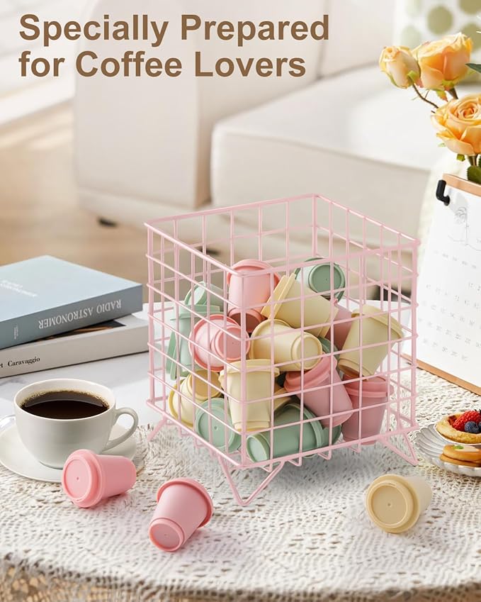 FantasyLife K Cup Holder Organizer, 5.3" x 5.3" x 6.3" Coffee Pod Storage Basket, Coffee Bar Accessories Metal Basket, Large Capacity Countertop Organizer for Kitchen Counter & Office Desktop (Pink)