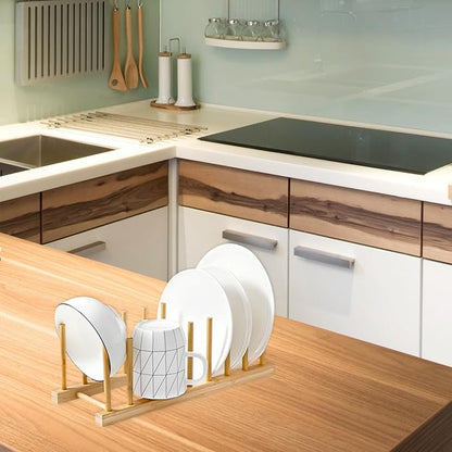 2PC Bamboo Wooden Dish Drying Rack, 8-Slot Plate Rack Cabinet Dish Stand Organizer for Kitchen Counter, Drainer Storage Holder for Bowl/Cup/Lid/Cutting Board/Book, Space-Saving Design