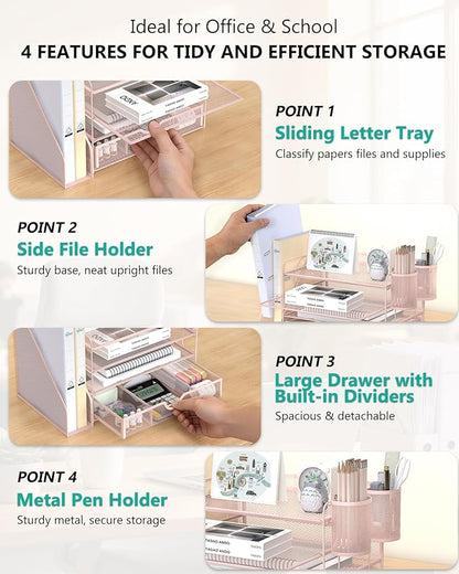 WALI Desk File Organizer, 4 Tier Desktop Paper Letter Tray Organizer with Drawer and 2 Pen Holders, Office Desk Accessories & Workspace Organizers for Office, Home Supplies(DO005DH-P), 1 Pack, Pink