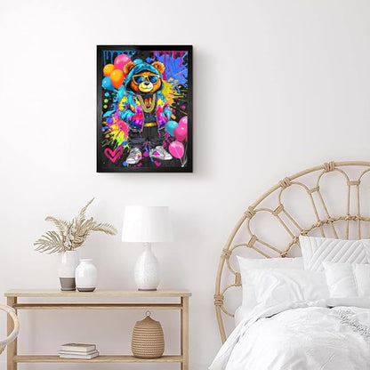 Graffiti Bear With Hands In Pockets And A Gold Chain For Bathroom Wall Decor Framed Cute Animal Wall Decor For Bathroom Washroom Restroom Decor Rustic Humor Wall Poster (Black Framed) 12x18 Inch