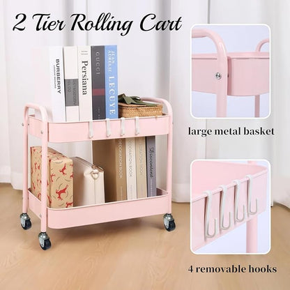 Pink 2 Tier Rolling Cart Metal with Wheels Under Desk Storage Cart for Small Space Organization, Small Trolley for Pantry Room Laundry Bathroom Kitchen Office Art Snack Baby Supplies