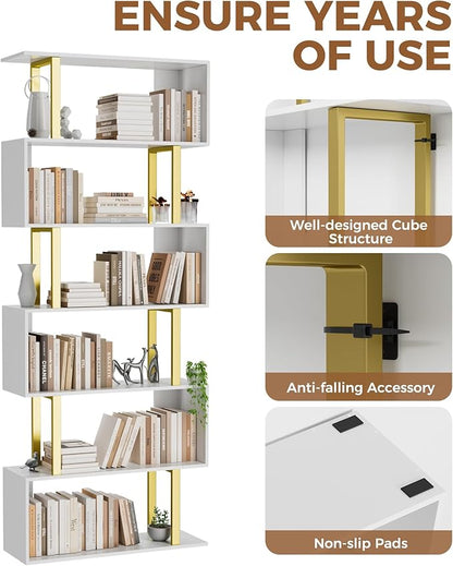 Gadroad 6-Tier Geometric Bookcase,S Shaped Bookshelf, Wood Decorative Storage Shelving, Modern Freestanding Display Shelves, Tall Book Shelf Unit for Living Room Bedroom
