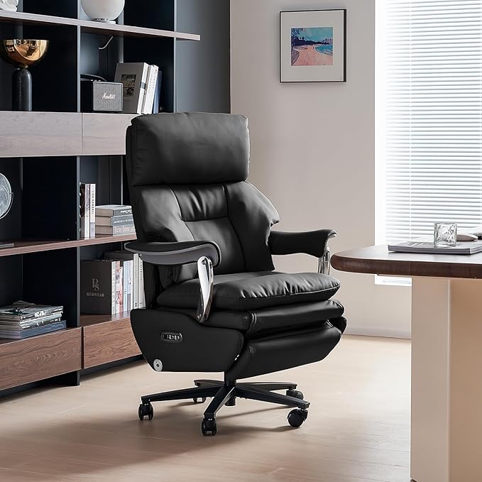 EMIAH Ergonomic Office Chair with Foot Rest Electric Executive Office Chair Reclining with Massage Big and Tall High Back Computer Chair with Wheels, Genuine Leather (Black)