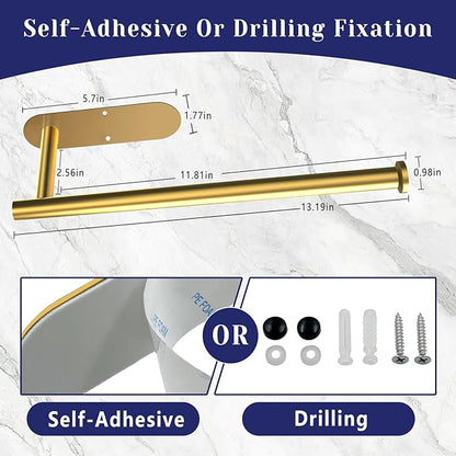 Paper Towel Holder, Self Adhesive or Drilling Paper Towel Holder Under Cabinet, Stainless Steel Paper Towel Holders Wall Mount for Kitchen, Bathroom, Sink, Pantry, Fridge (Gold)