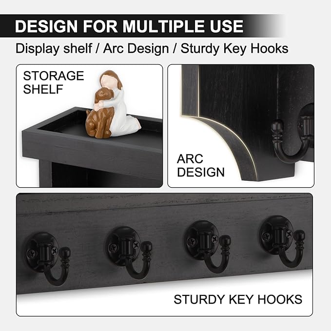 Key and Mail Holder Wall Mount, Key Holder with Shelf and Mail Organizer Wall Mount. Mail Holder with 5 Hooks for Coat, Dog Leash, Home Decor Rack, Entry Way Organizer (Black)