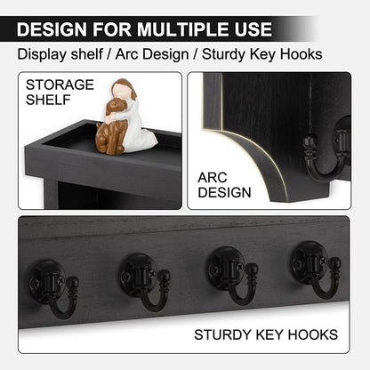 Key and Mail Holder Wall Mount, Key Holder with Shelf and Mail Organizer Wall Mount. Mail Holder with 5 Hooks for Coat, Dog Leash, Home Decor Rack, Entry Way Organizer (Black)