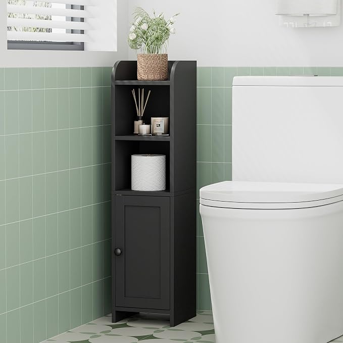Homhedy Small Bathroom Storage Corner Floor Cabinet with Door and Shelves, Beside The Toilet Paper Stand for Skinny, Narrow Toilet Paper Cabinet, 9.8" D x 7.9" W x 31" H, Black