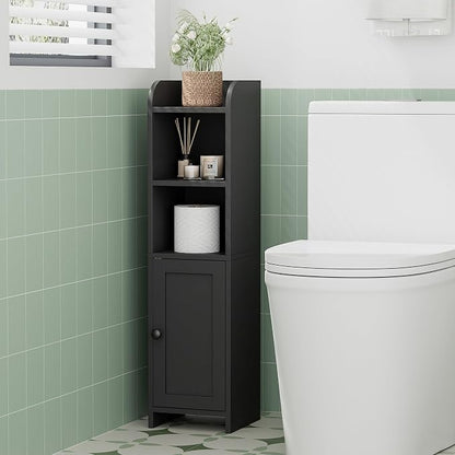 Homhedy Small Bathroom Storage Corner Floor Cabinet with Door and Shelves, Beside The Toilet Paper Stand for Skinny, Narrow Toilet Paper Cabinet, 9.8" D x 7.9" W x 31" H, Black