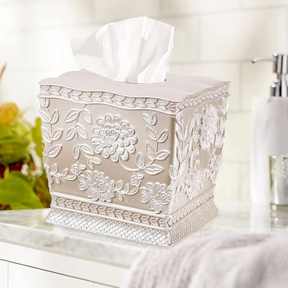 Resin Tissue Box Cover for Modern Home Decor - Minimalist Square Tissue Box Holder for Guest Room, Bedroom, Bathroom, Tabletop & Office - Durable and Aesthetic Tissue Holder, Rose Vine