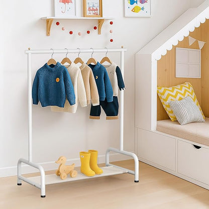 SLEEPING LAMB Kids Clothing Rack, Small Baby Clothes Rack with Bottom Storage Shelf, Kids Dress Up Rack Storage for Coats, Dance Costume Garment Rack for Hanging Clothes, White