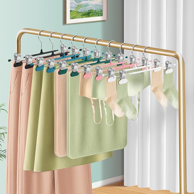14Inch Clothes Pants Hangers with WideClips 10 Pack,Non-Slip Adjustable Skirt Hanger for Women,Space-Saving Heavy Duty Men Hangers for Pants,Trousers,Jeans,Shorts,Green