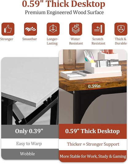 Computer Desk, 55.1" Office Desk, Extra Wide 23.62” Deep Desktop, 0.59” Thick Heavy-Duty Home Office Desks, Office Table with Steel Frame, Modern Wood PC Desk for Bedroom Study Writing Gaming Work