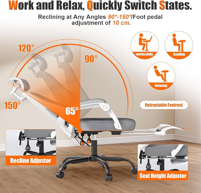 Ergonomic Office Chair with Footrest, High Back Swivel Mesh Desk Chair, Big and Tall Rolling Computer Chair with Headrest, Lumbar Support, 3-Level Tilt Backrest for Home, Bedroom, Work
