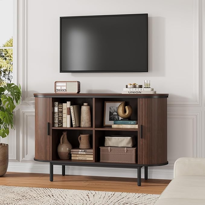 QUW Console Table with Sliding Tambour Doors, 47" TV Stand with Storage & Adjustable Open Shelves for TVs up to 55", Modern Entryway Table for Living Room, Foyer, Hallway, Dark Walnut