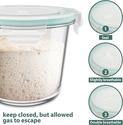 3 Cup Glass Meal Prep Containers With Turquoise Lids, Airtight 23oz glass Storage Container Set, Heat-Resistant BPA-Free for feeding the Southern Starter, Microwave, Dishwasher, Freezer Safe (4 Packs)