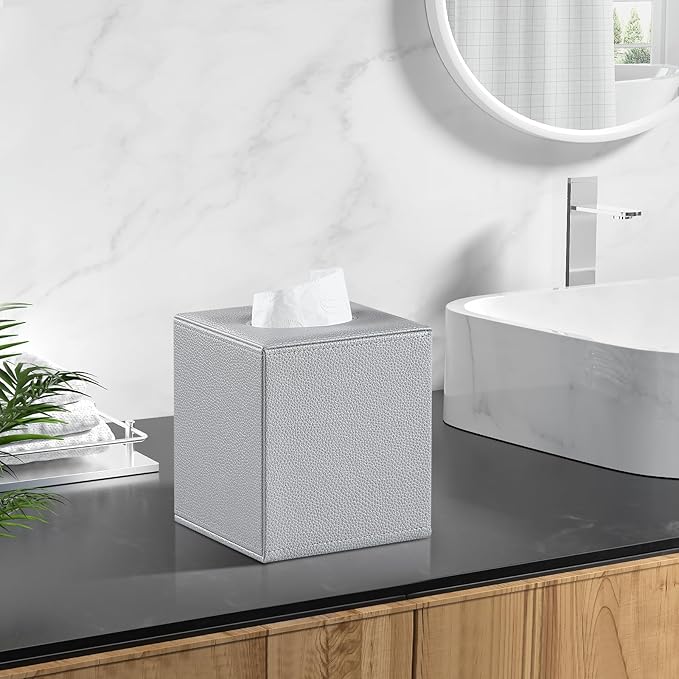 JLAMBOM PU Leather Tissue Box Cover Square Tissue Box Holder with Magnetic Closure, Decorative Tissue Holder for Bathroom Bedroom Office (Silver)
